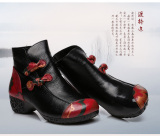 2015秋冬中年女士真皮短靴民族风黑色牛皮圆头粗跟中跟棉绒妈妈靴