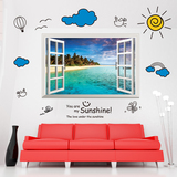3D立体假窗户墙贴纸创意卧室客厅装饰贴画墙壁海滩风景画蓝天白云