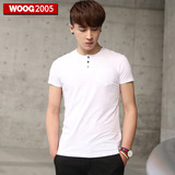 WOOG2005韩版男装 2016夏季新款短袖男T恤 纯白色亨利领半袖体恤
