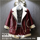 冬季新品童装2015韩版女童机车pu外套+短裤羊羔绒加厚绒宝宝套装