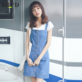 LRUD2016夏季新款韩版单排扣口袋牛仔背带裙中长款百搭显瘦连衣裙
