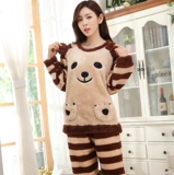 2015韩新版珊瑚法兰绒春秋冬季女士睡衣长袖卡通可爱饼干熊家居服