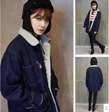 2015年冬季时尚韩版女装加厚加绒学院风牛仔显瘦修身夹克长外套