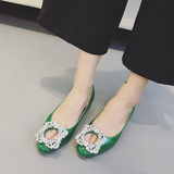 韩版秋款方头时尚漆皮个性镂空水钻方扣浅口单鞋 绿色平底鞋女鞋