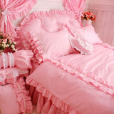纯棉荷叶花边被套粉色小格子四件套 全棉 公主 韩式床裙床上用品