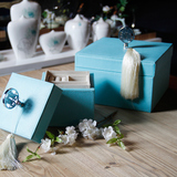 现代新古典床头柜摆件新婚结婚礼品中式双喜蓝色皮革首饰盒珠宝盒