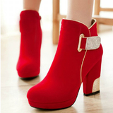 红色短靴女秋冬新款防水台厚底粗跟婚靴新娘鞋超高跟婚鞋马丁靴女
