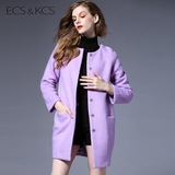 伊丝卡丝2015冬季新款紫色羊毛呢子大衣 欧美女装中长款毛呢外套