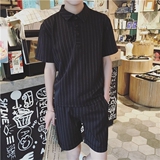 夏季男装休闲套装短袖短裤T恤条纹polo衫英伦韩版修身上衣两件套