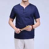 中国风棉麻T恤 中式大码男装复古宽松亚麻衣短袖衬衫休闲居士茶服