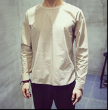 韩国代购纯色圆领蝙蝠袖男士衬衫秋季薄日系复古个性T恤男长袖潮