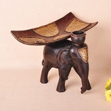 东南亚大象背果盘 木质怀旧竹编实木果盆创意吉祥象桌面摆件托盘