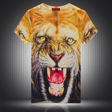 夏季男士新款v领短袖T恤 霸气3D动物老虎头像数码连体印花半袖衫