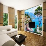 3D立体壁画地中海海边花园风景油画客厅沙发电视背景墙纸无缝壁纸