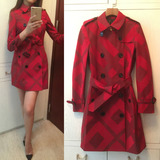 欧美2016新款女装外套修身显瘦几何色块印花暗红色双排扣修身风衣