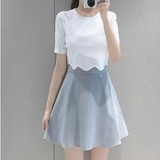 韩系夏季女装小香风蕾丝拼接雪纺假两件套短袖女子连衣裙修身短裙
