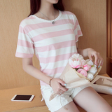 2016夏季韩版新款横条纹t恤女宽松短袖开叉显瘦纯棉学生半袖上衣