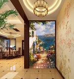 地中海风景3D立体手绘油画客厅壁纸餐厅走廊 背景墙纸大型壁画玄