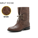 BRUT ROSE 欧美时尚头层牛皮方根中筒靴 圆头低跟系带时装靴女潮