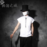 夏季新款男士韩版修身长款短袖衬衫个性不对称下摆蝙蝠袖潮男衬衣