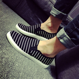 韩国ulzzang男士帆布鞋黑白格子条纹低帮一脚蹬懒人鞋休闲布单鞋