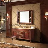 现代仿古中式浴室柜组合橡木实木卫浴柜落地式洗手台盆梳妆镜柜