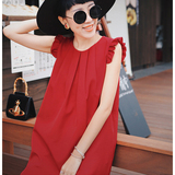 孕妇装夏装2016新款韩版上衣韩国时尚红色宽松雪纺夏季短袖连衣裙