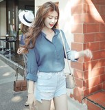 韩国代购2016夏季女装韩范甜美小清新套头薄款空调衫长袖衬衫上衣