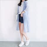 LISA家韩版竖条纹宽松长袖衬衫女中长款 薄款防晒衫衬衣 空调衫