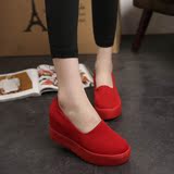 夏季韩版红色浅口帆布鞋隐形内增高松糕坡跟女鞋一脚蹬懒人鞋单鞋