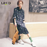 LRUD2016春季新款韩版仙人掌印花连衣裙女宽松中长款荷叶边衬衫裙