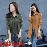 2016春秋韩版女装棉麻纽扣开衫假两件长袖上衣中长款修身T恤衬衫