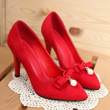 春秋春季细跟婚礼新娘单鞋女士红色蝴蝶结婚鞋子尖头中式高跟红鞋