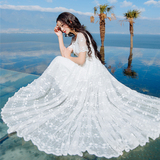 波西米亚沙滩裙大摆蕾丝刺绣长裙女神气质甜美白色V领仙女连衣裙