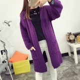 2016新款韩版女装针织开衫纯色中长款口袋披肩粗线麻花毛衣外套潮