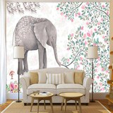 3d立体定制壁画美式手绘水彩田园大象花墙纸卉电视背景墙客厅壁纸
