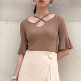 韩国ulzzang2016夏装新款韩范百搭显瘦交叉镂空上衣喇叭袖T恤衫女