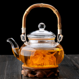 包邮耐热玻璃茶具花草茶壶花茶壶竹提梁可加热水果壶过滤内胆壶