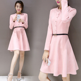 欧洲站2015新款韩版修身显瘦时尚粉色鹿皮绒长袖中裙秋装连衣裙女