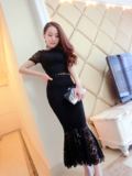 2016春夏新款韩版名媛镂空蕾丝短袖上衣高腰包臀鱼尾裙套装女装
