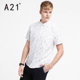 A21男装修身短袖衬衫 时尚白色印花衬衫 上衣男士牛津纺衬衣