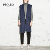 Peoleo2015秋冬女装条纹马甲时尚中长款OL西装领呢子马夹外套