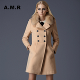 A．M．R/艾米瑞女装冬款新品带狐狸毛领中长款外套羊毛呢修身大衣