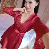2016春季新款吊带蕾丝性感低胸睡裙女款两件睡袍真丝绸缎红色睡衣