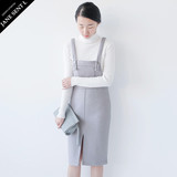 JANESENTL冬季新款韩版修身显瘦开叉羊毛呢子背带裙中长款连衣裙