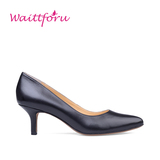 Waittfour 秋季黑色高跟鞋优雅职业气质细跟尖头鞋舒适真皮女单鞋