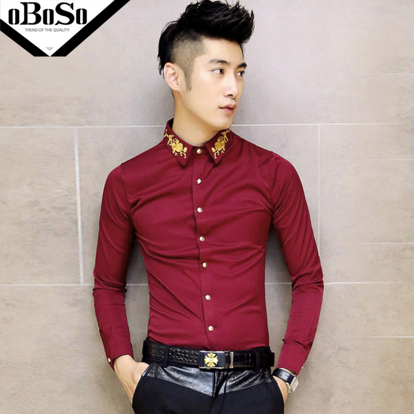 obo秋季男装男士紧身长袖衬衫商务休闲衬衣韩版酒红色