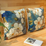 北欧蓝色植物花朵抱枕套防真丝中国风中式田园靠垫沙发靠枕美式