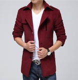 冬季新款男士毛呢子大衣韩版中长款加厚加绒修身纯色风衣青年外套