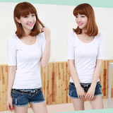 韩版纯棉t恤女短袖 纯色修身显瘦打底衫短款中袖五分袖女上衣夏季